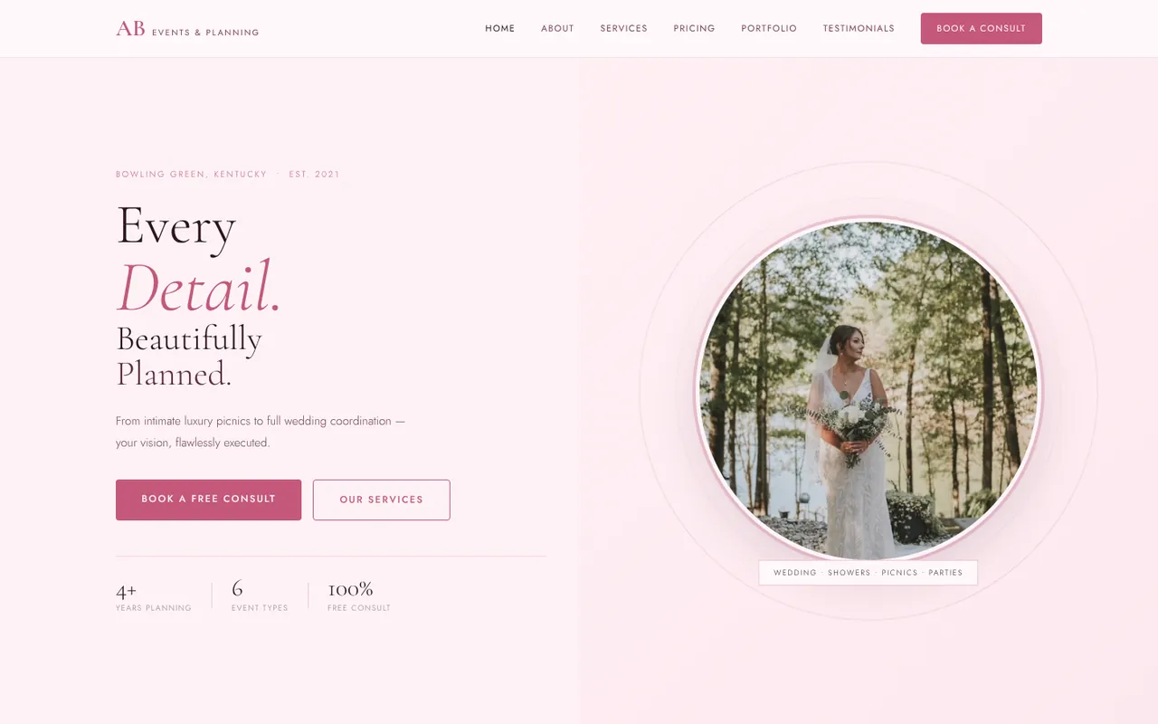 AB Events and Planning homepage reading Every Detail. Beautifully Planned.