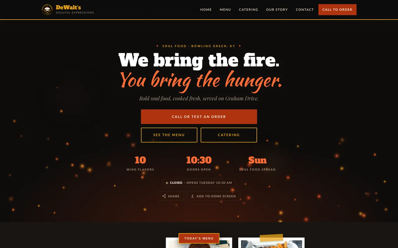 DeWalt's Soulful Expressions homepage on a computer, with the headline We bring the fire, you bring the hunger