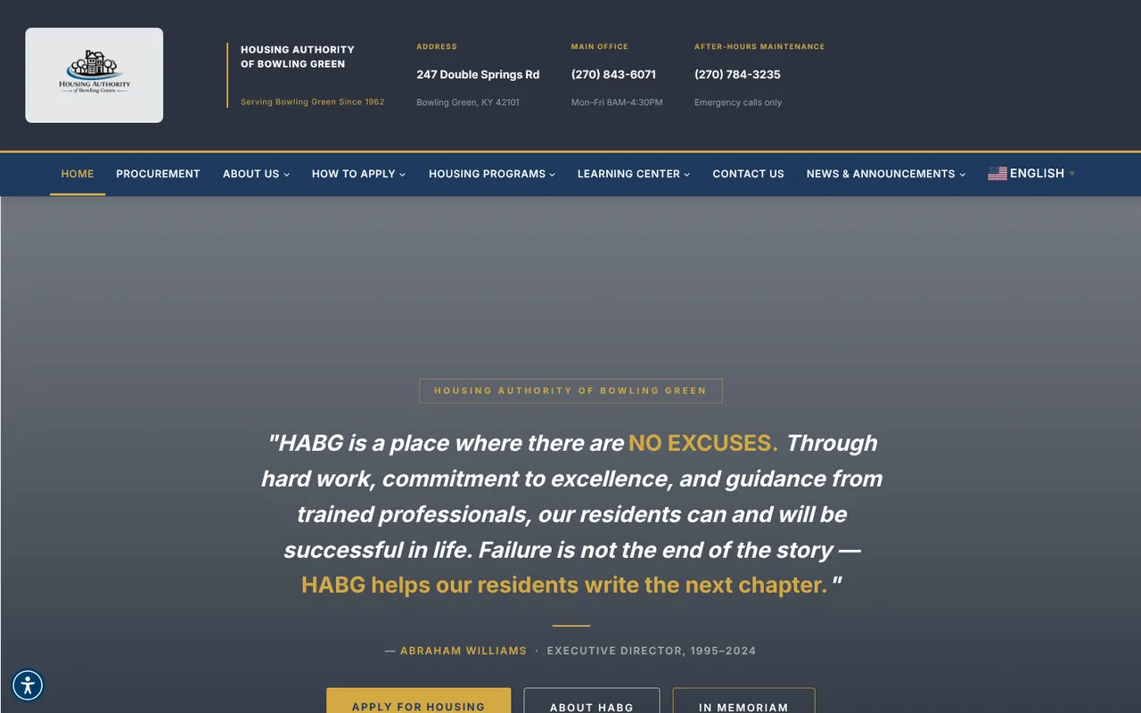 Housing Authority of Bowling Green homepage with contact details and main menu