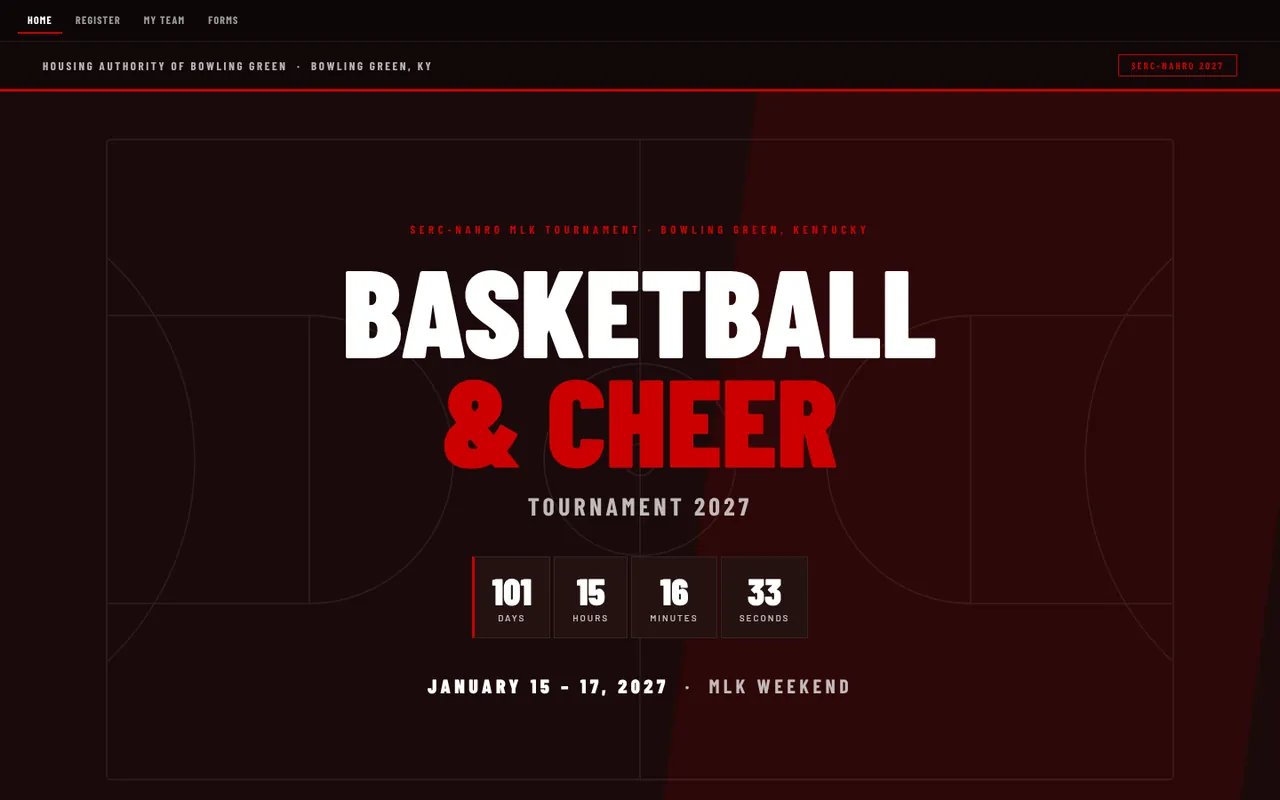 SERC 2027 Basketball and Cheer Tournament homepage with a countdown to January 15, 2027